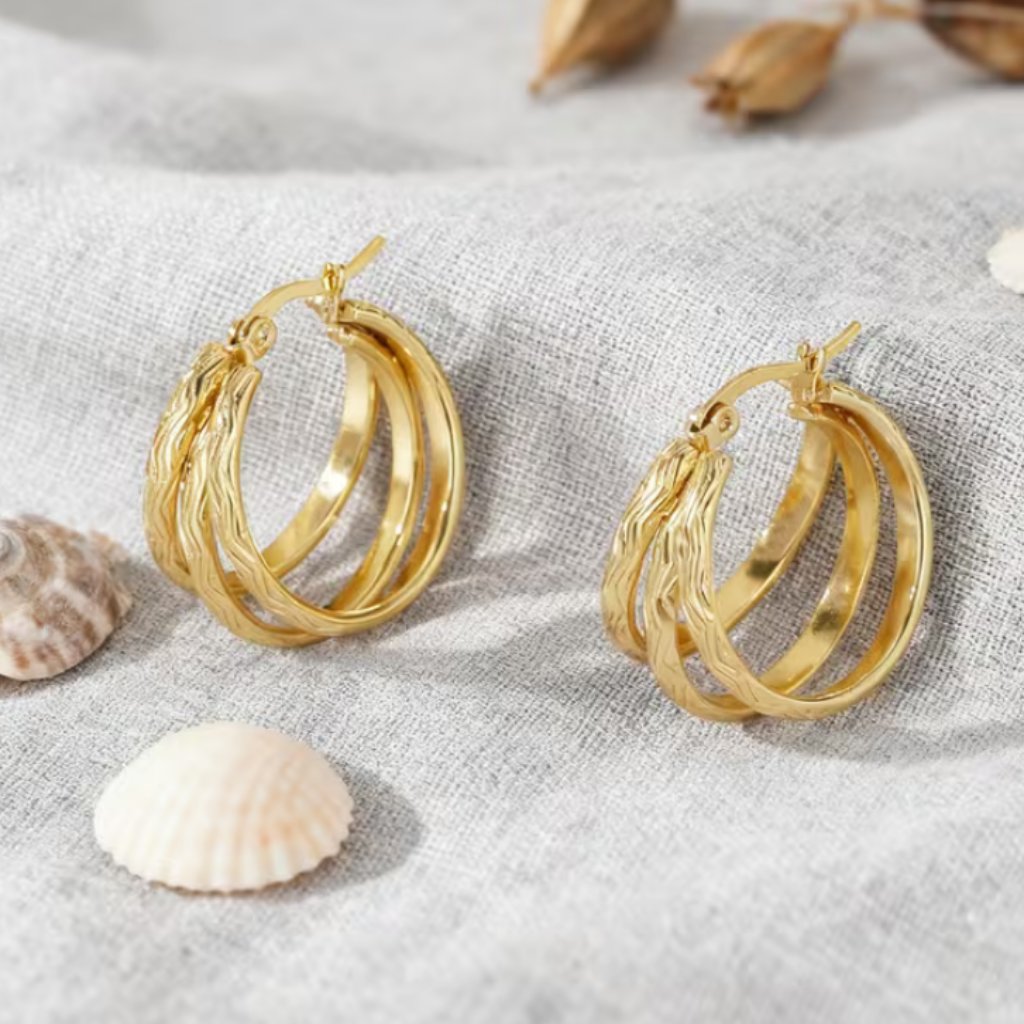 18k Gold Womens 1.25" Triple Hoop Earrings Ladies New 18 K Silver Hoops Jewelry
